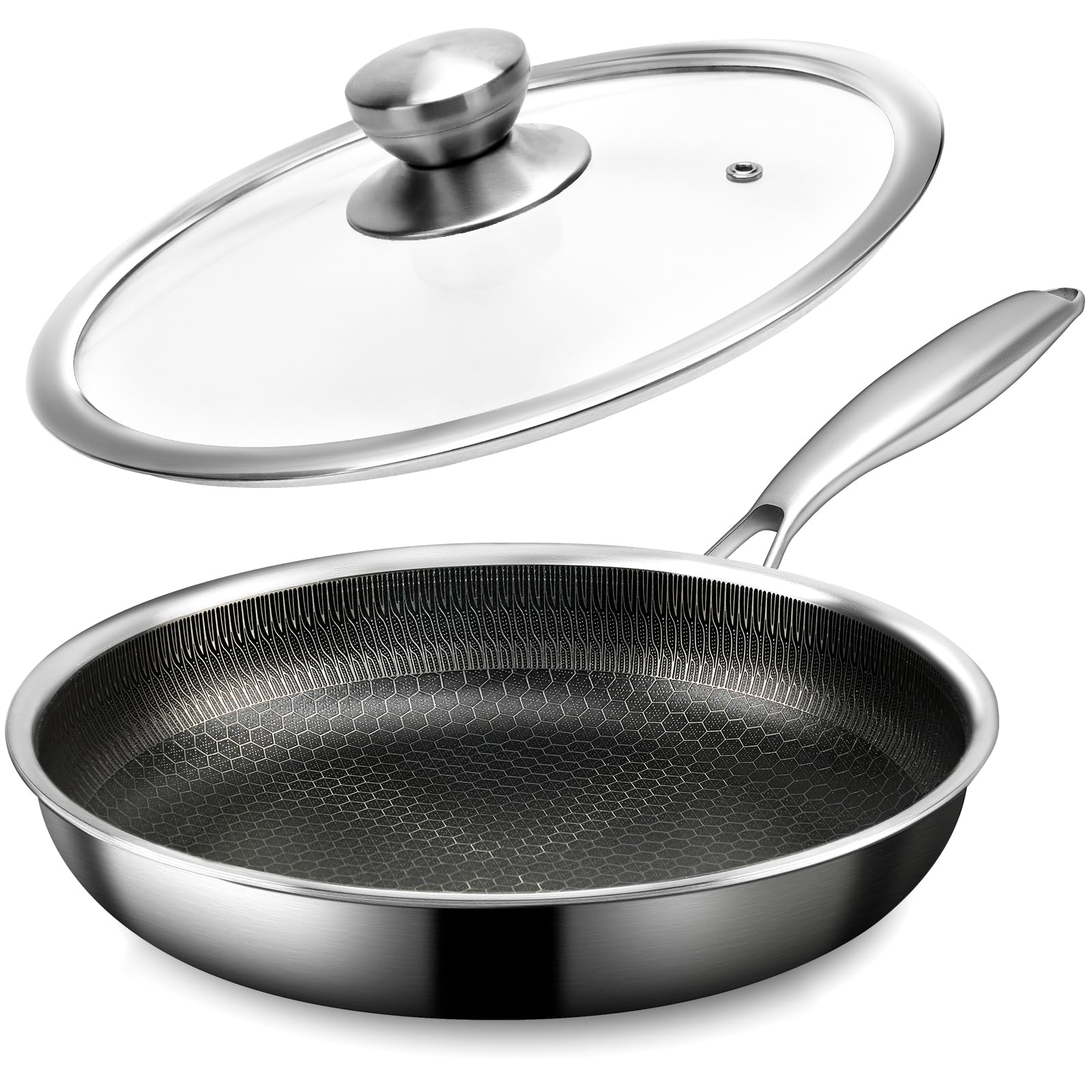 Sartén CADIVIZZO de acero inoxidable 8'' con tapa, cocción rápida y uniforme.