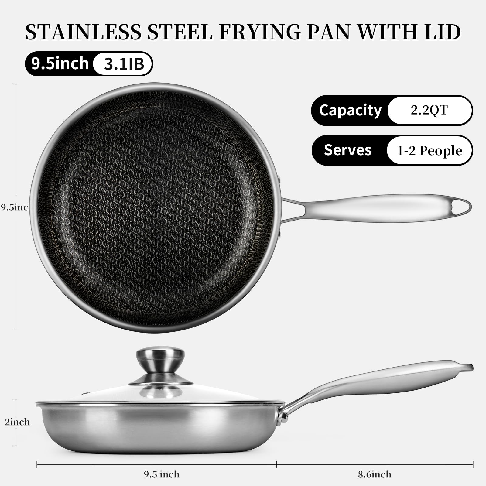 CADIVIZZO Sartén con tapa de vidrio para controlar el cocinado y evitar salpicaduras.