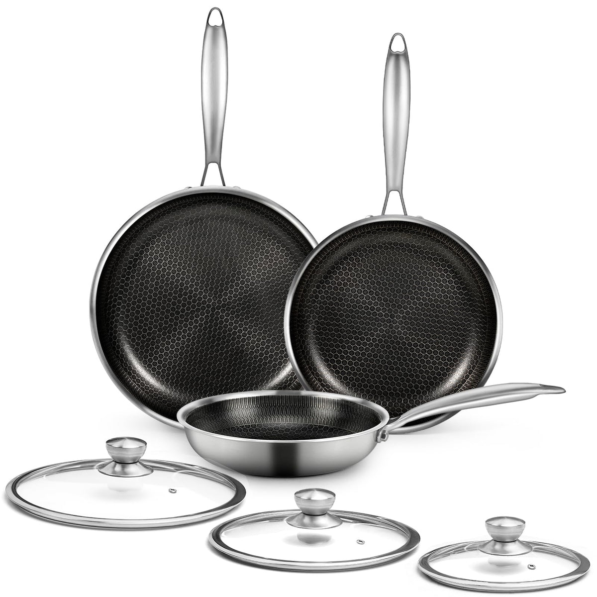 Sartén CADIVIZZO antiadherente con panales hexagonales y tapas, cocina fácil y limpia.