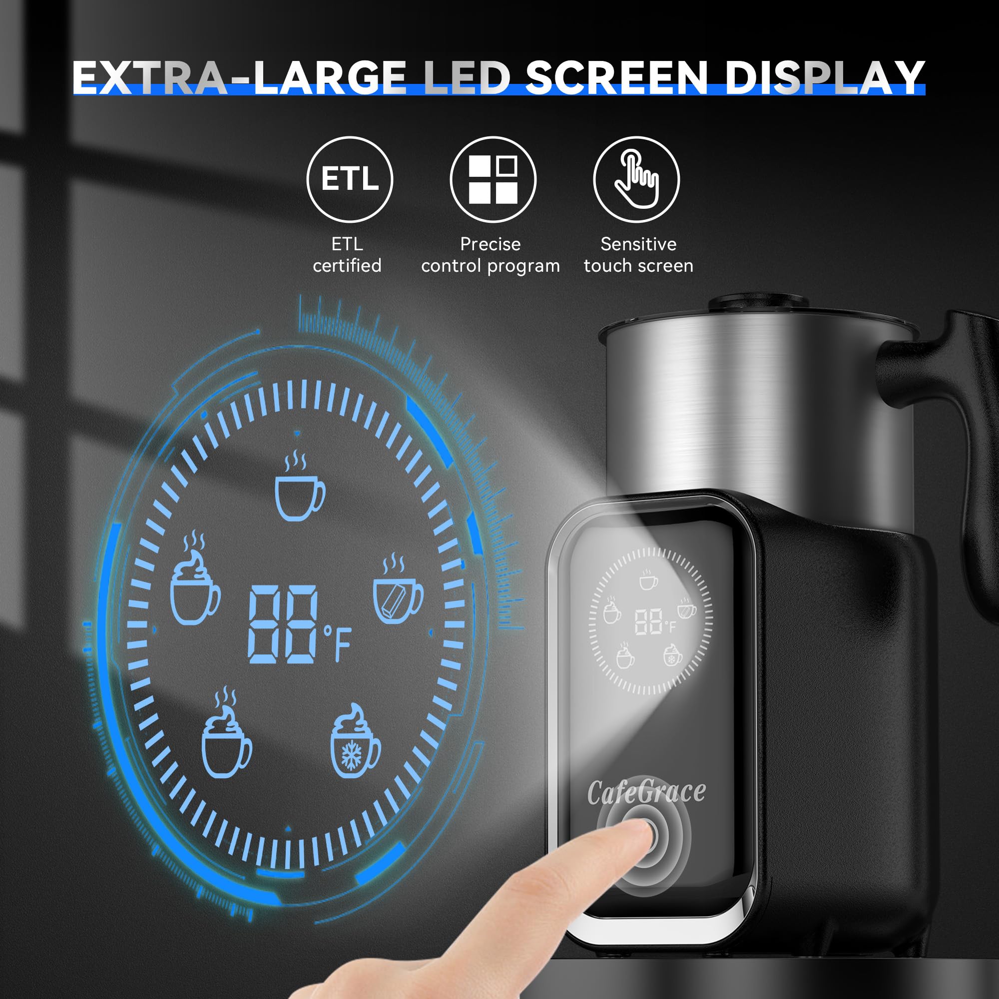 CafeGrace espumador-leche 5-en-1, calentamiento 360°, leche caliente de forma rápida