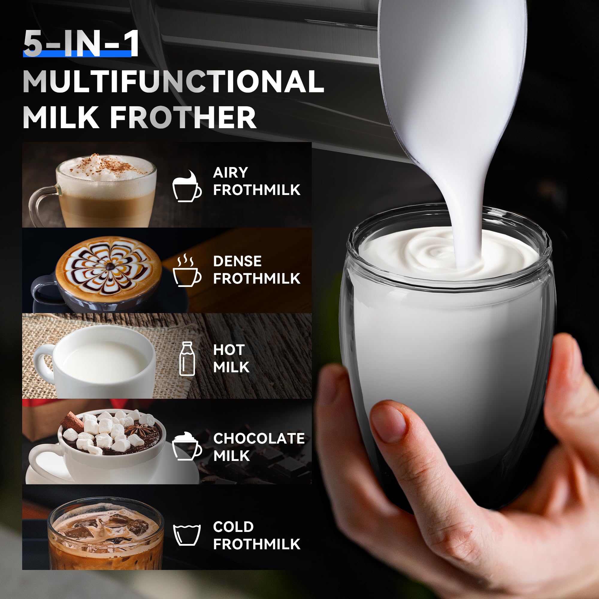 CafeGrace espumador-leche 5-en-1, mecanismo imantado para espumas densas y cremosas