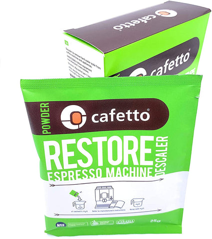 Cafetto Restore: mezcla de ácidos orgánicos certificados para desincrustar sin residuos.