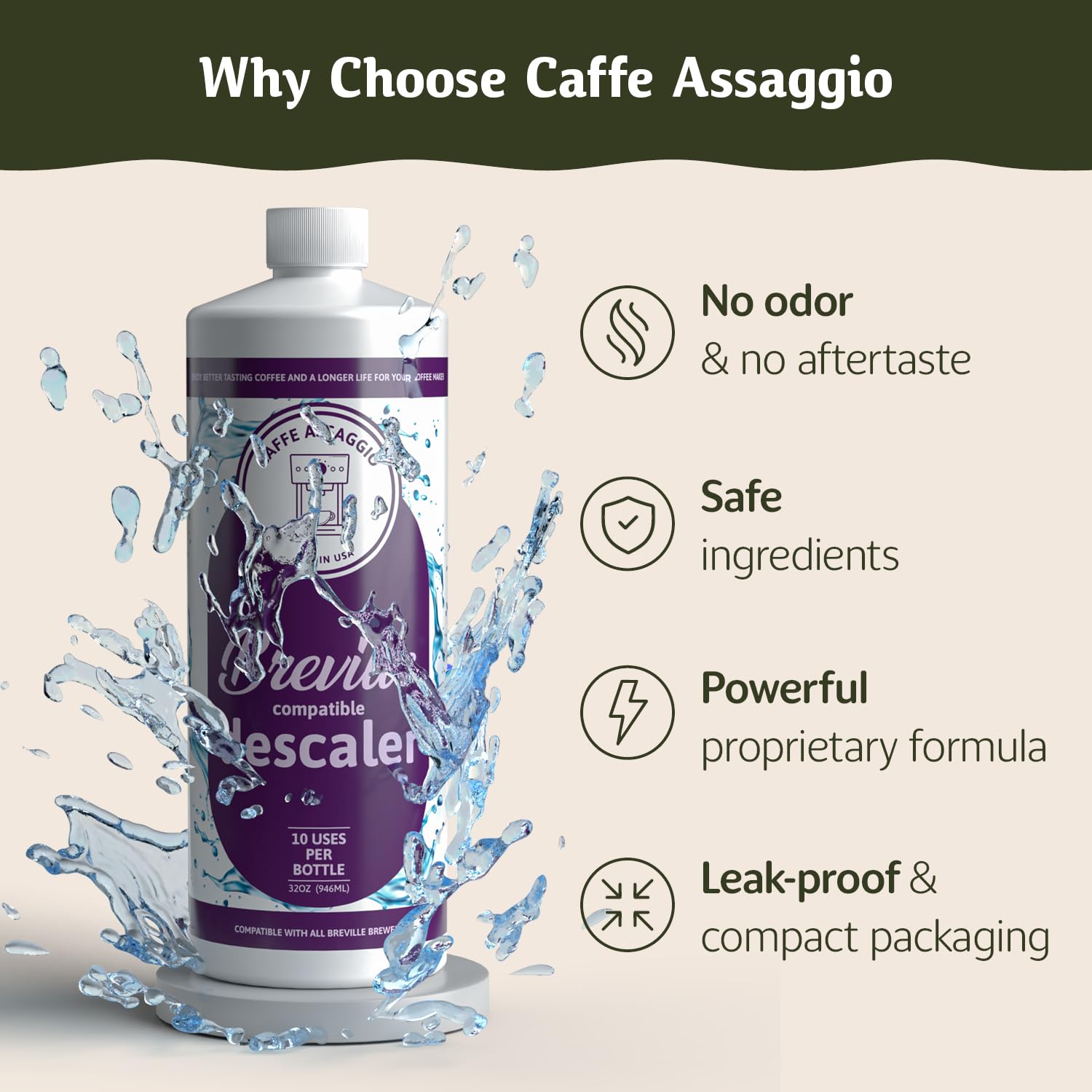Caffe Assaggio Descalcificador Breville: enfoque en el líquido suave que desincrusta depósitos.