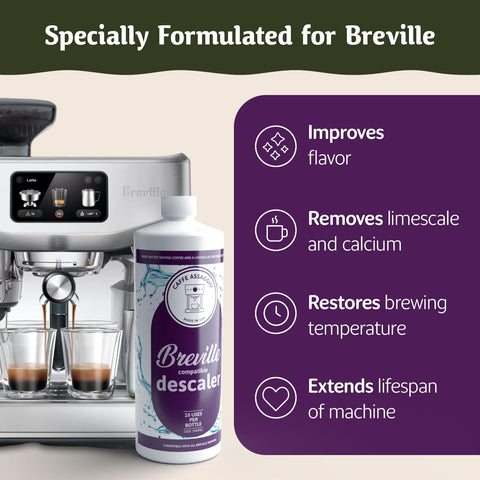 Caffe Assaggio Descalcificador Breville: manos sosteniendo la botella para facilitar el mantenimiento.
