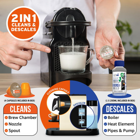 Caffenu envase y contenidos: kit compacto con dos soluciones y cuatro capsulas para limpieza.