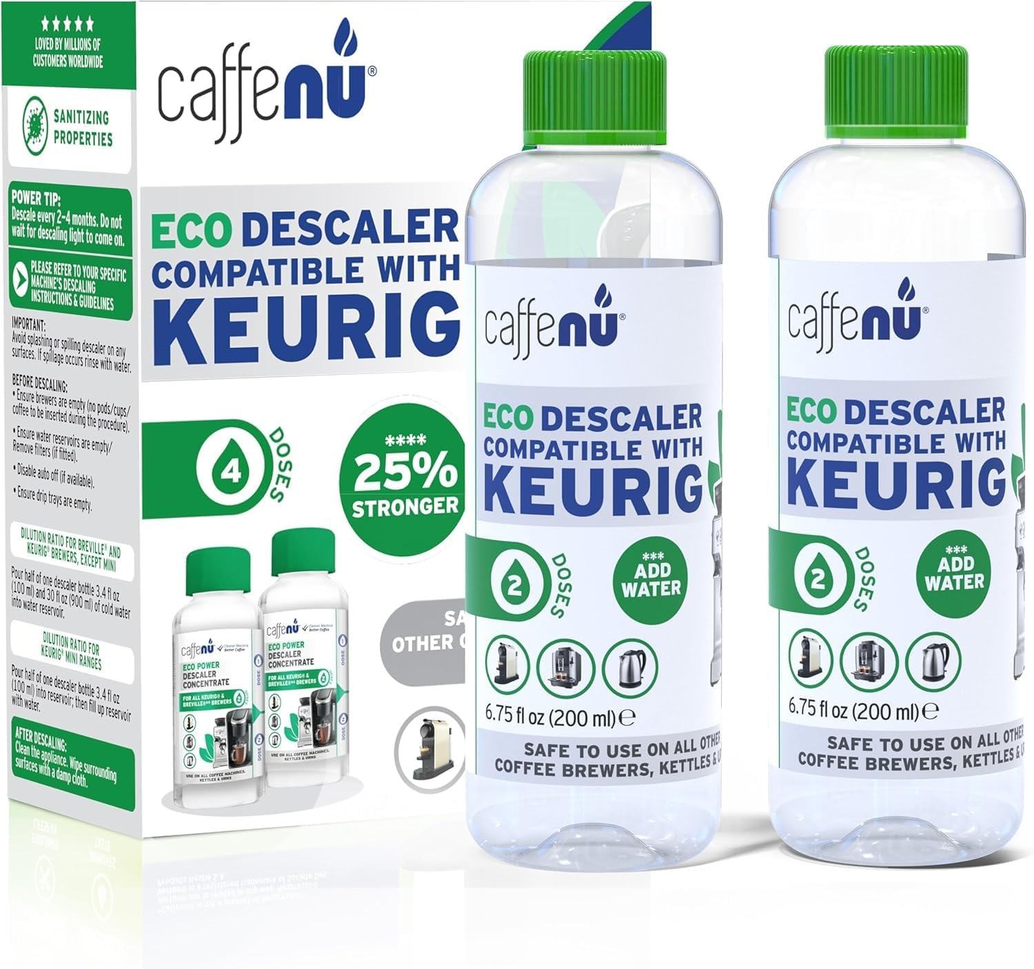 Caffenu Keurig desincrustante en dos botellas para limpieza profunda.