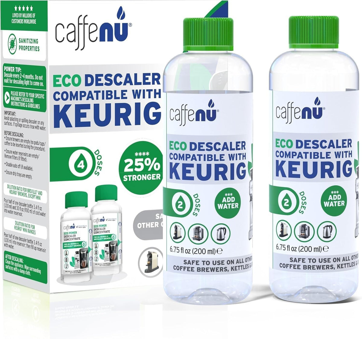 Caffenu Keurig desincrustante en dos botellas para limpieza profunda.