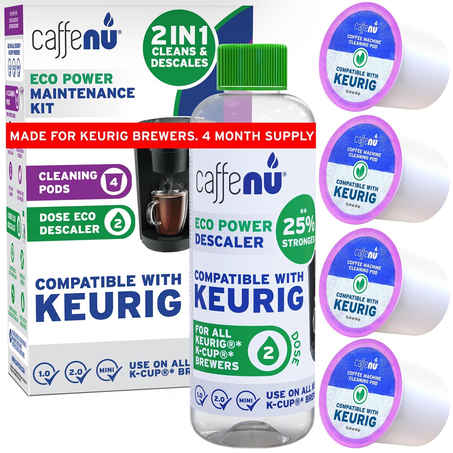 Caffenu Keurig descalcificador: botella para eliminar sarro y mantener rendimiento.