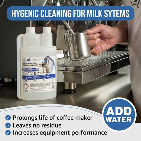 Uso automático de Caffenu para limpiar circuitos de leche en máquinas automáticas.