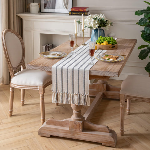 Caflife Boho Table Runner en tonos gris beige se integra a interiores modernos.