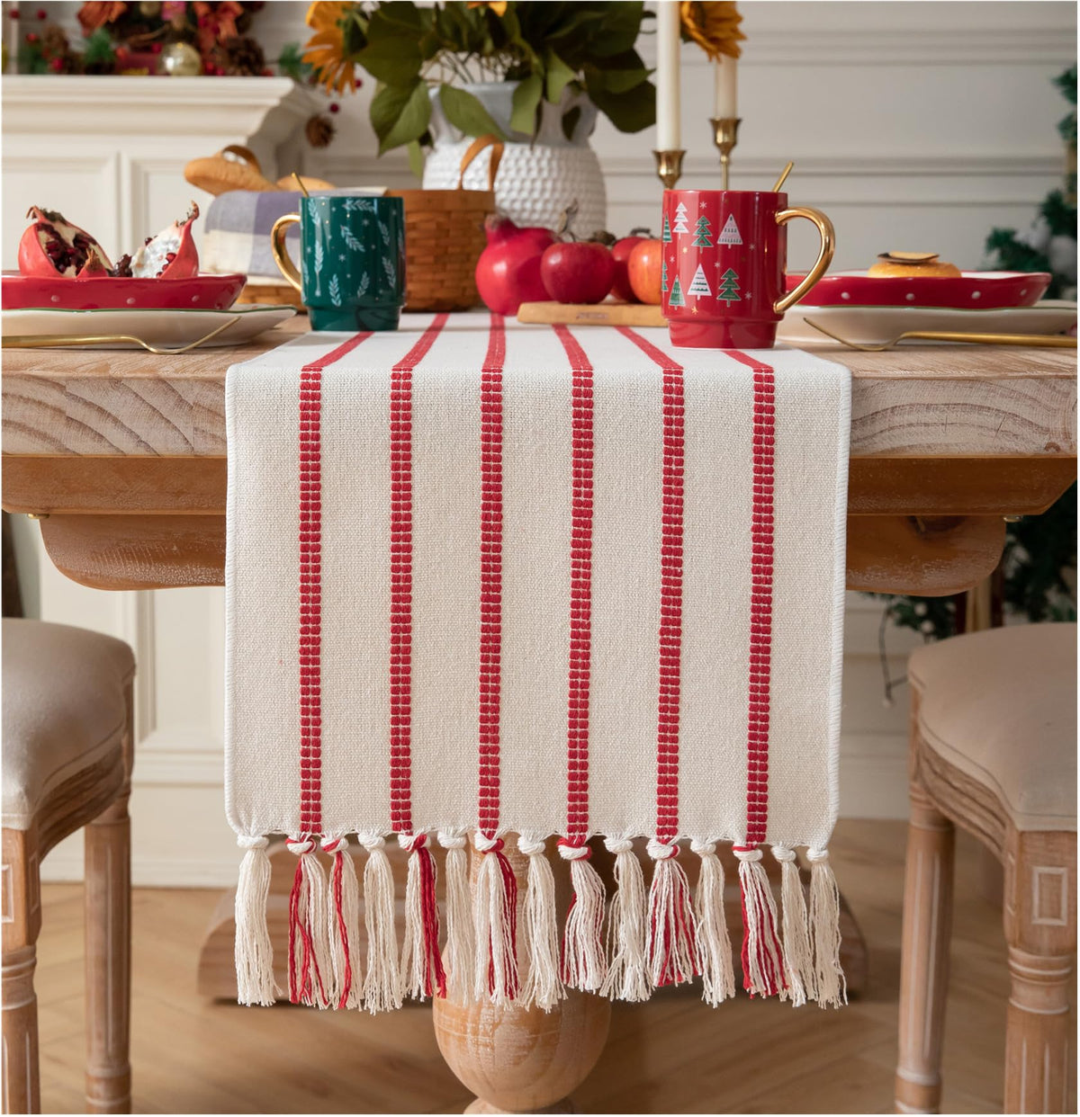 Caflife corredor de mesa navidad rojo algodon lino decoracion festiva para la cena.