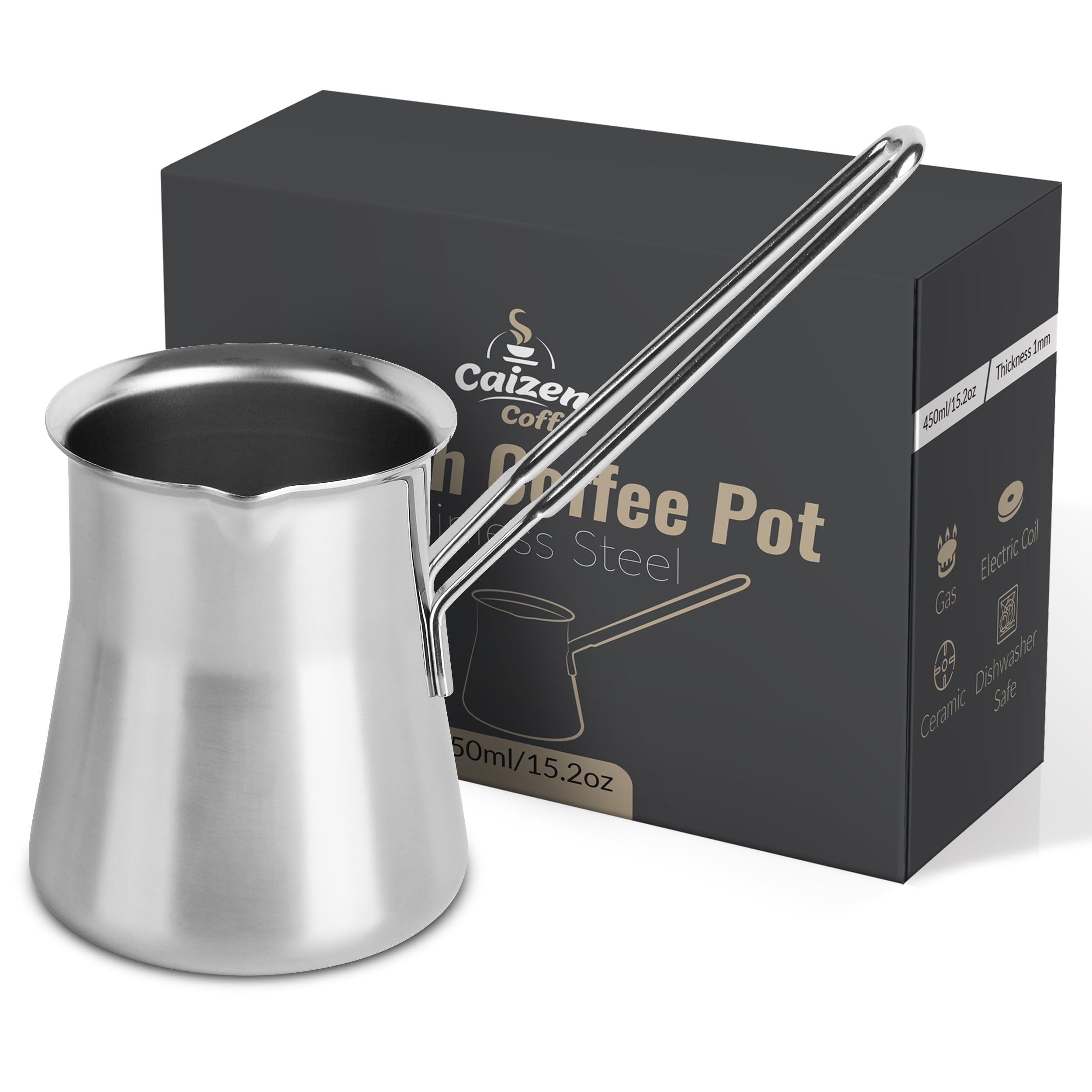 Caizen Coffee briki acero inoxidable para café turco, duradero y versátil.