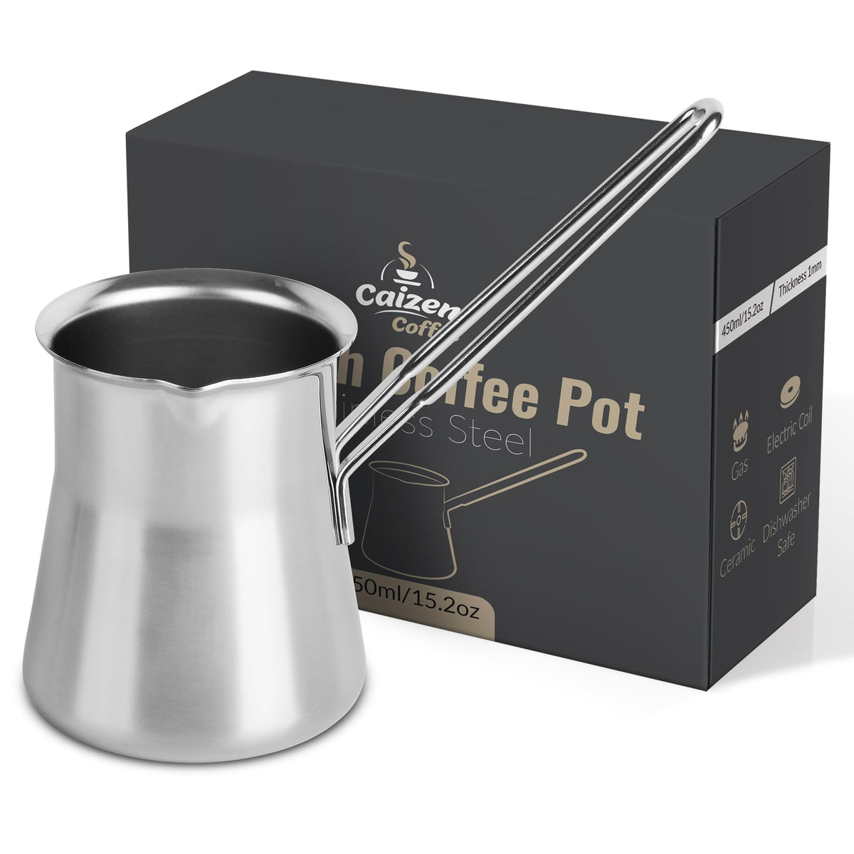 Caizen Coffee briki acero inoxidable para café turco, duradero y versátil.