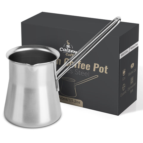 Caizen Coffee briki acero inoxidable para café turco, duradero y versátil.