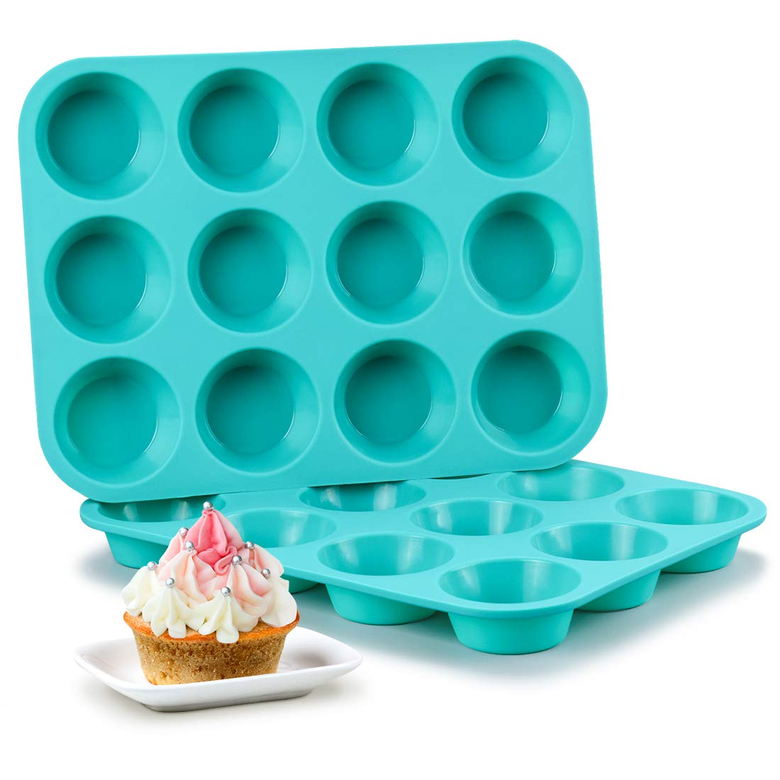 CAKETIME molde muffin silicona 12 cupos, desmolde fácil y limpio