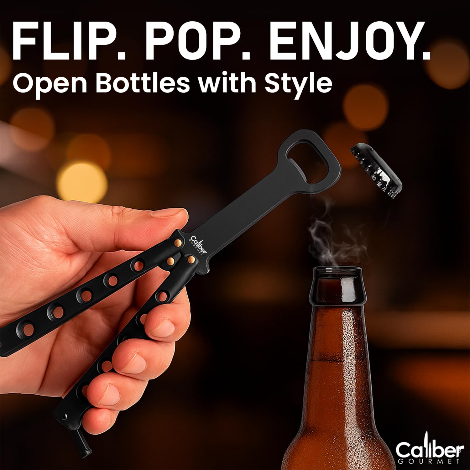 Caliber Gourmet abrelatas cuchillo mariposa en mano: demostraciones elegantes