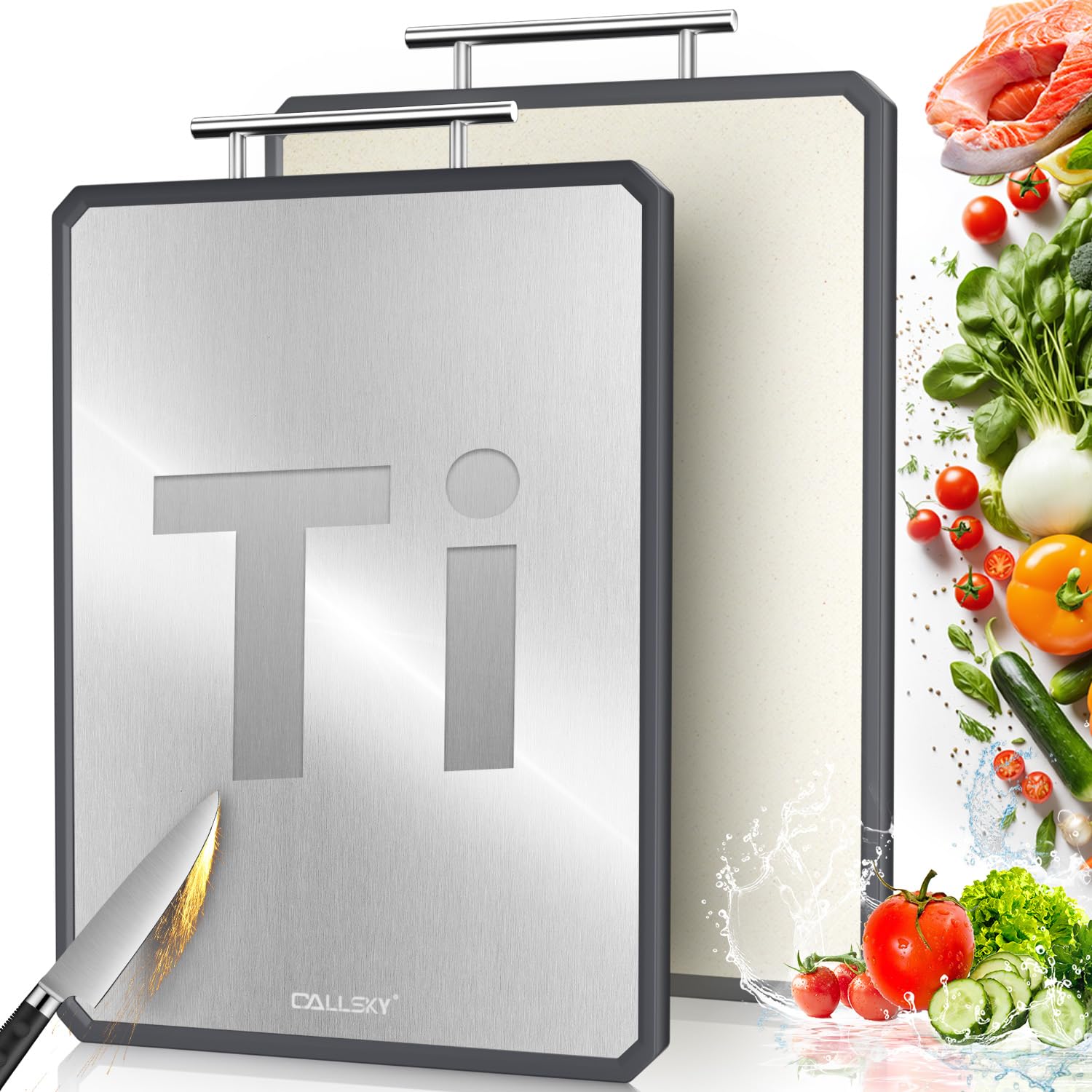 Callsky tabla titanio 2 en 1, cara titanio para carnes crudas, uso seguro.