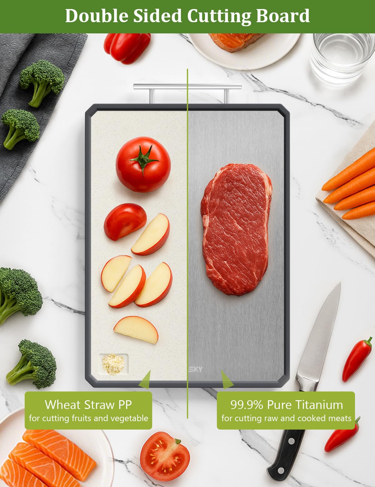 Callsky tabla titanio 2 en 1, reverso trigo para frutas y verduras.