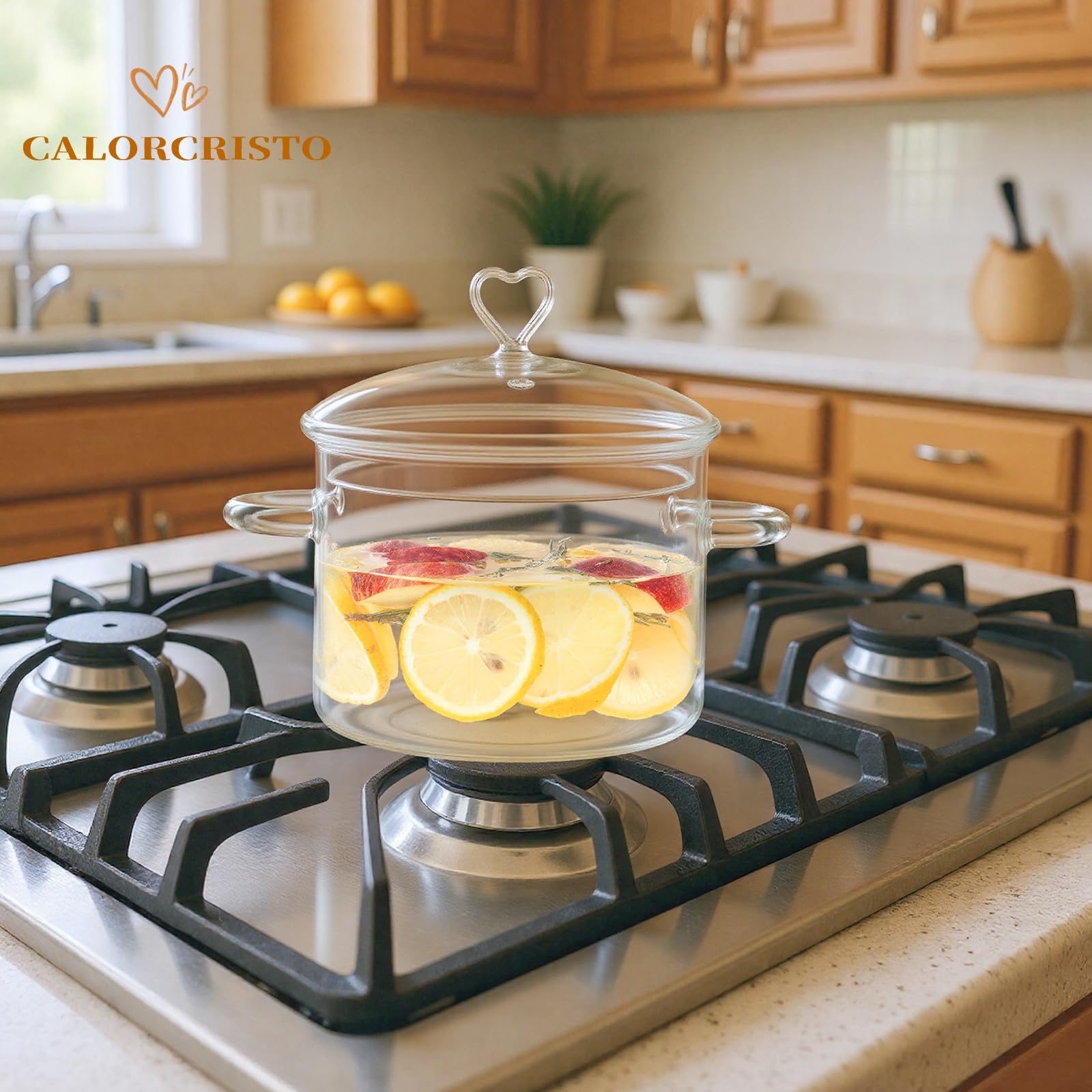 Calorcristo olla vidrio 2l transparente, mango ergonómico para agarre seguro.