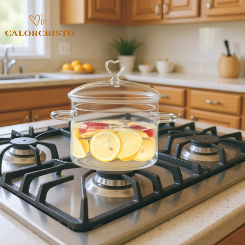 Calorcristo olla vidrio 2l transparente, mango ergonómico para agarre seguro.