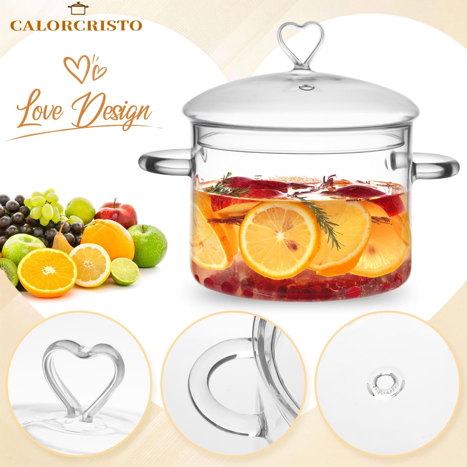 Calorcristo olla vidrio 2l apta para horno y estufa, tapa clara para ver el progreso.