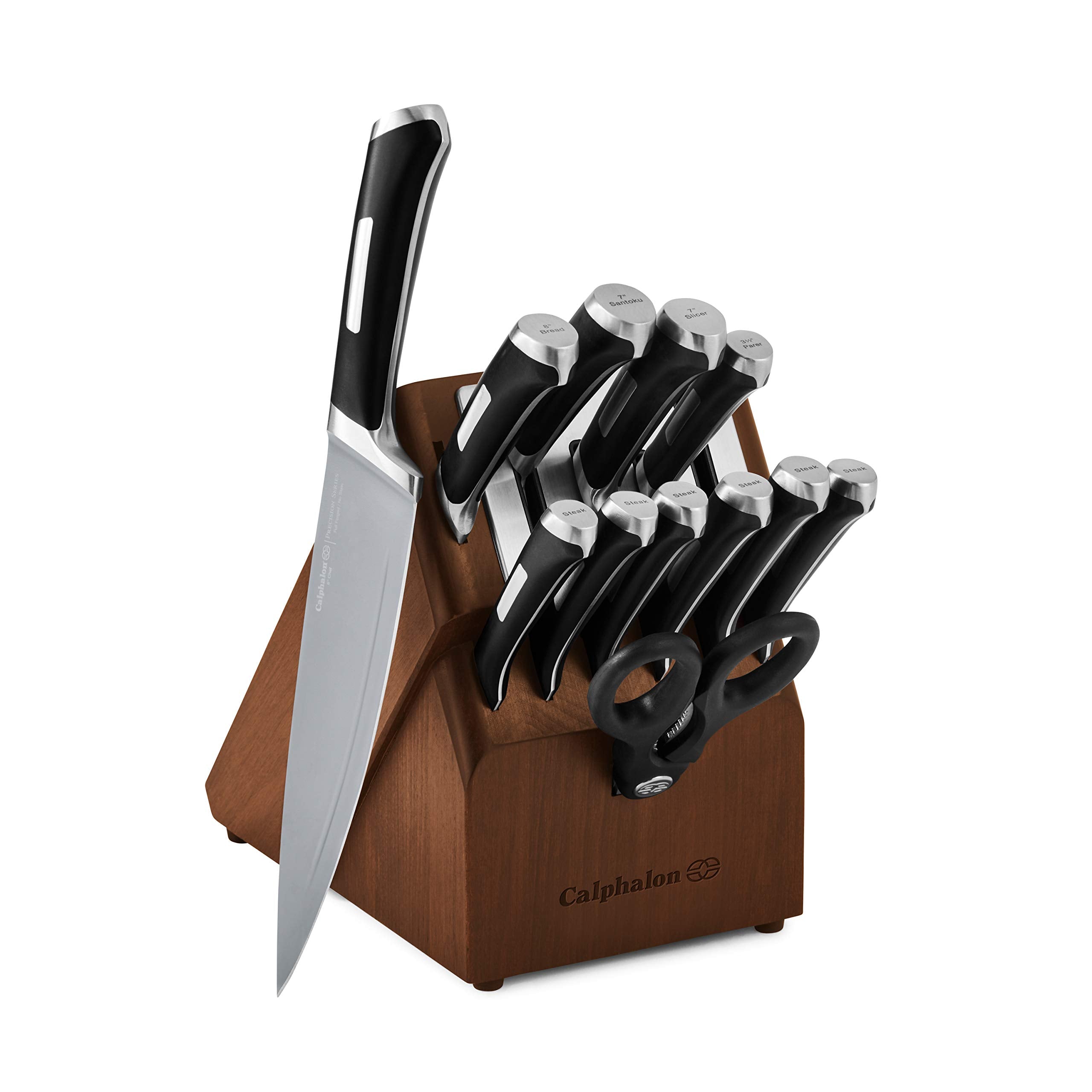 Calphalon juego de cuchillos 13 piezas con bloque autoafilante para cortes eficientes.