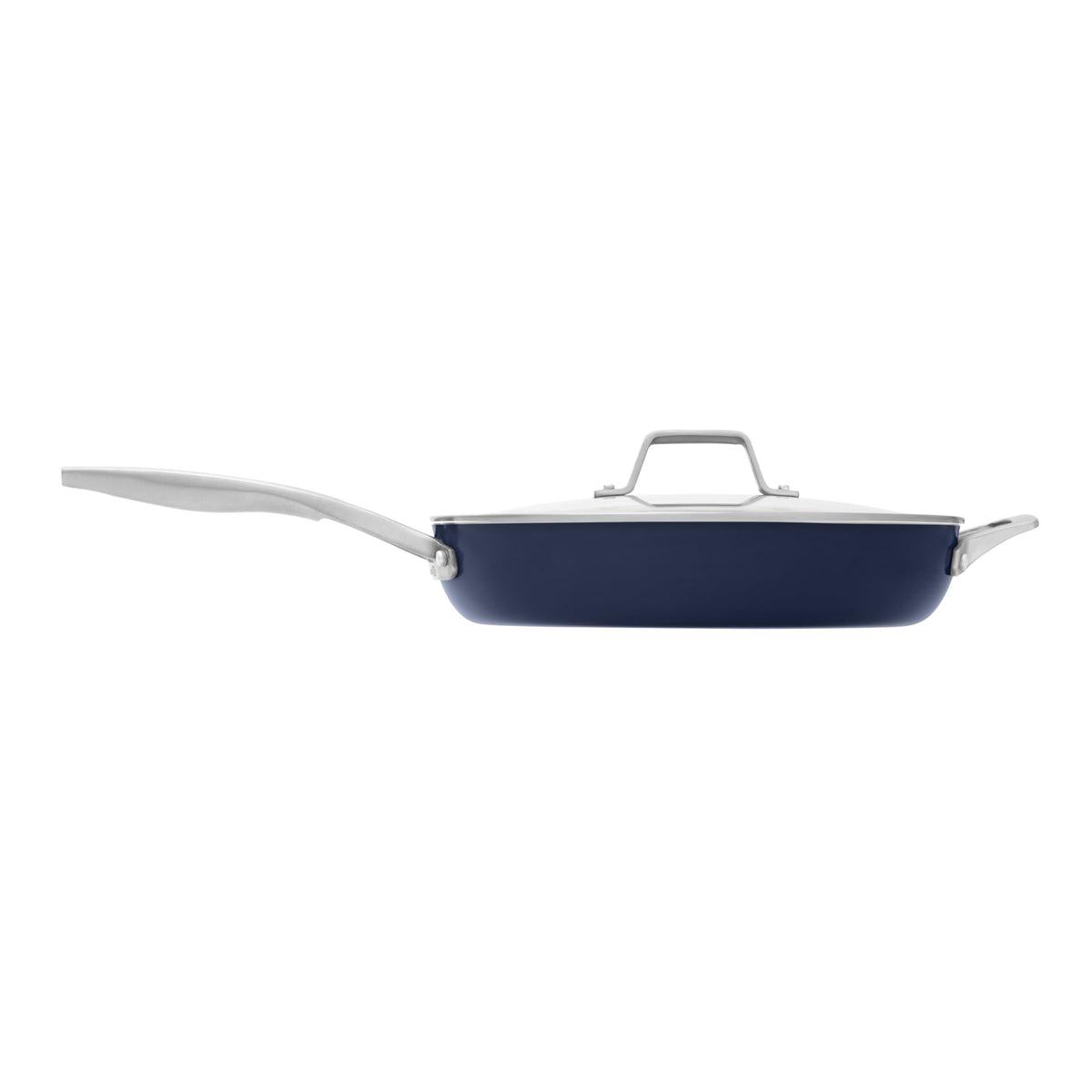 Sartén Calphalon Premier 12 pulgadas con tapa azul lista para dorar y saltear