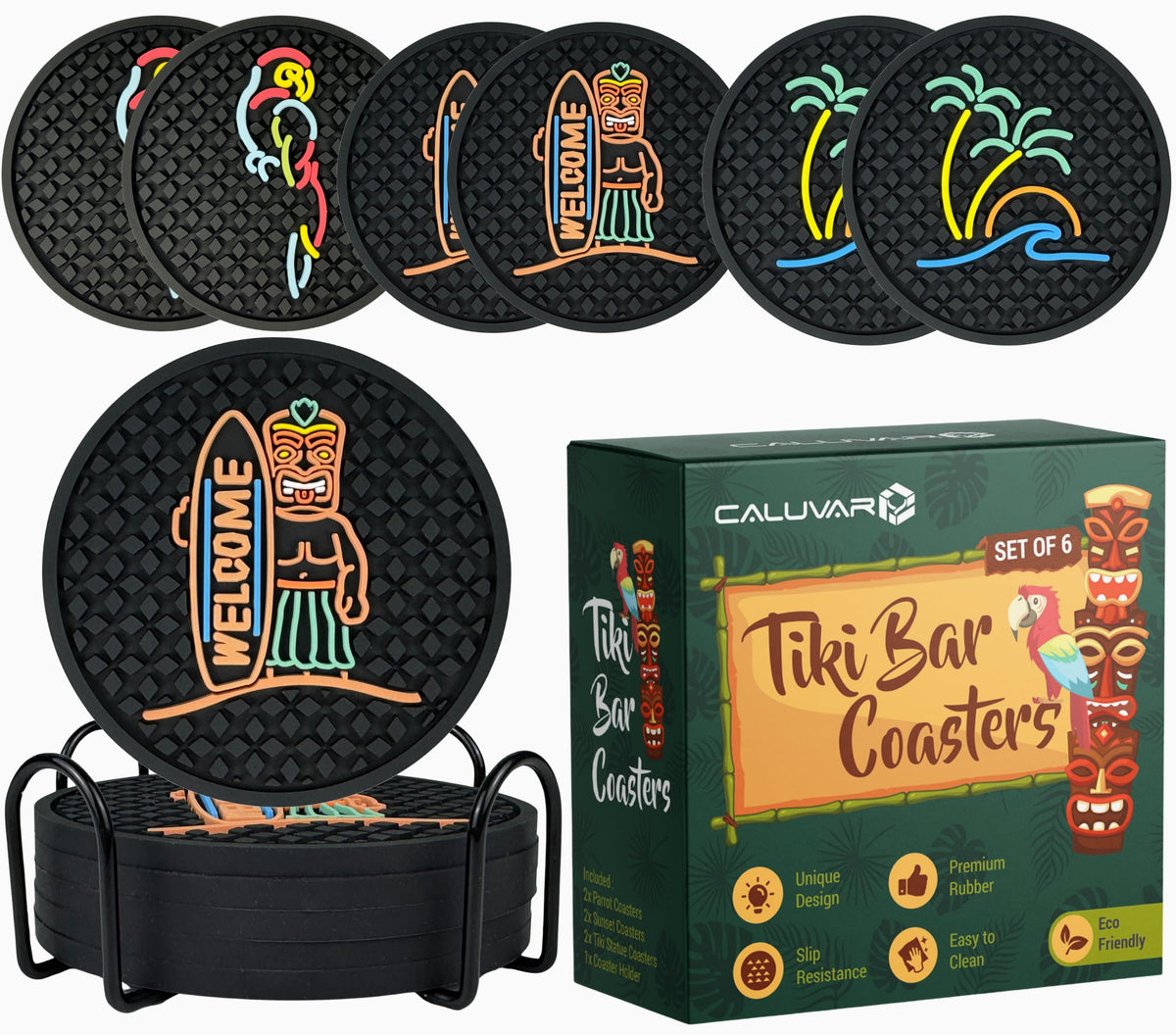 caluvar posavasos tiki set 6 con soporte protege superficies y evita derrames.