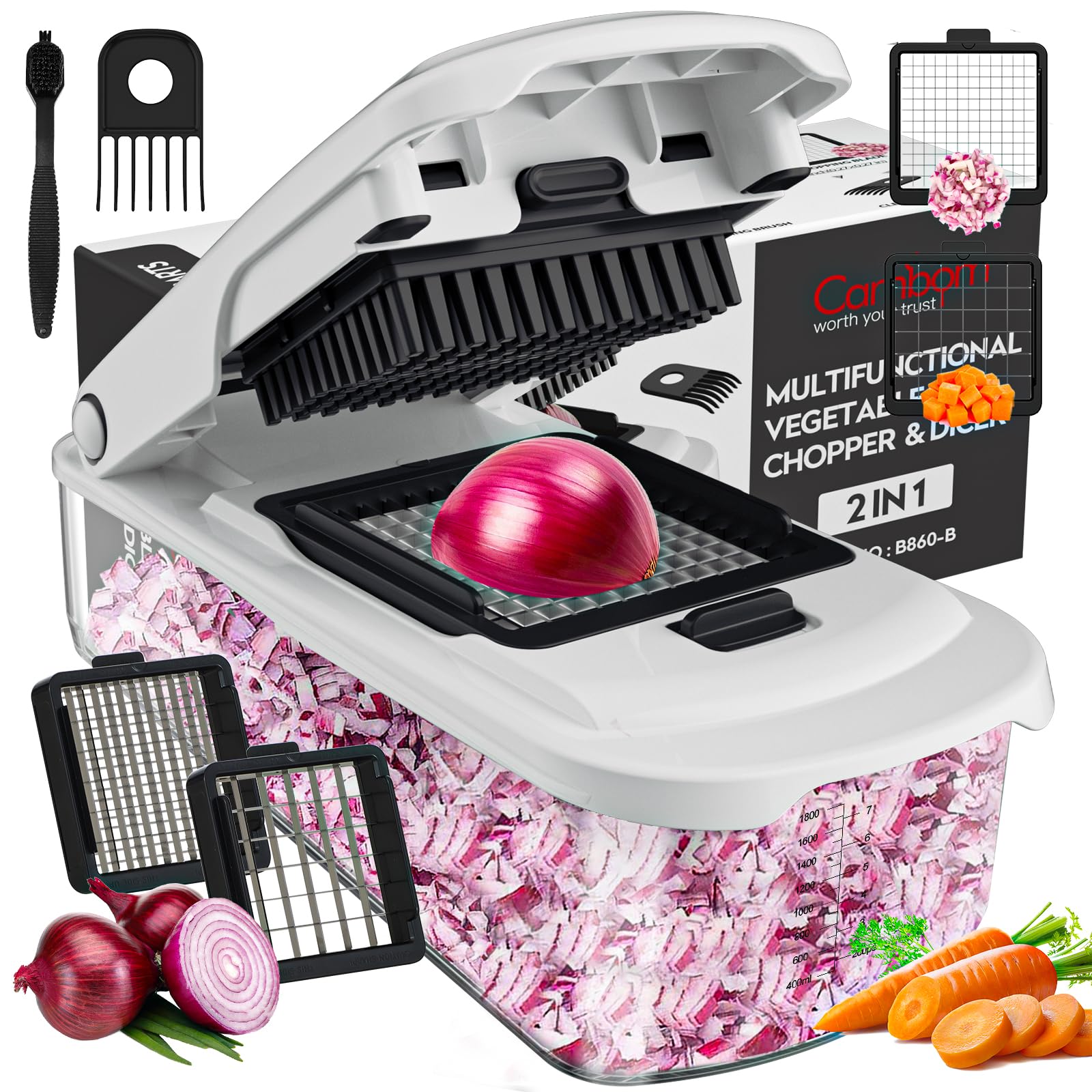 Cortador Cambom con contenedor y 8 hojas para picar verduras con precisión.