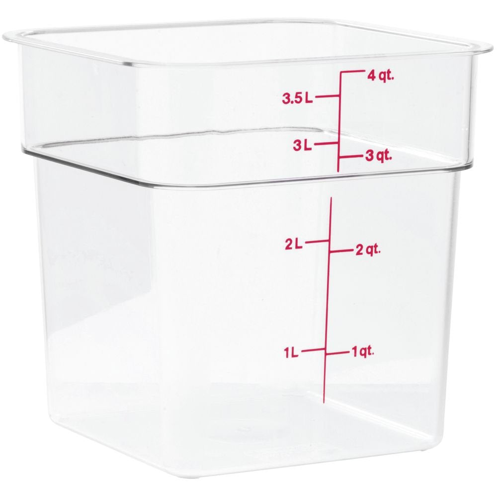 Cambro CamSquare con graduaciones verdes externas para medir porciones e inventario.
