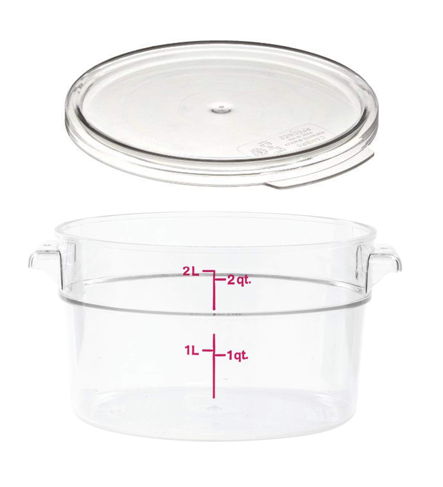 Cambro Camwear contenedor redondo 2cuartos, contenido visible para revisión rápida.