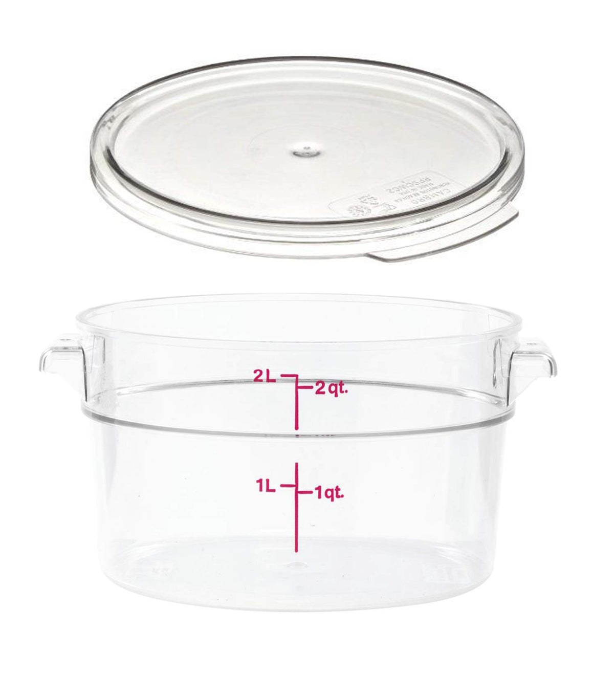 Cambro Camwear contenedor redondo 2cuartos, contenido visible para revisión rápida.
