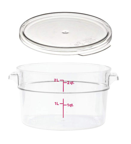 Cambro Camwear contenedor redondo 2cuartos, contenido visible para revisión rápida.