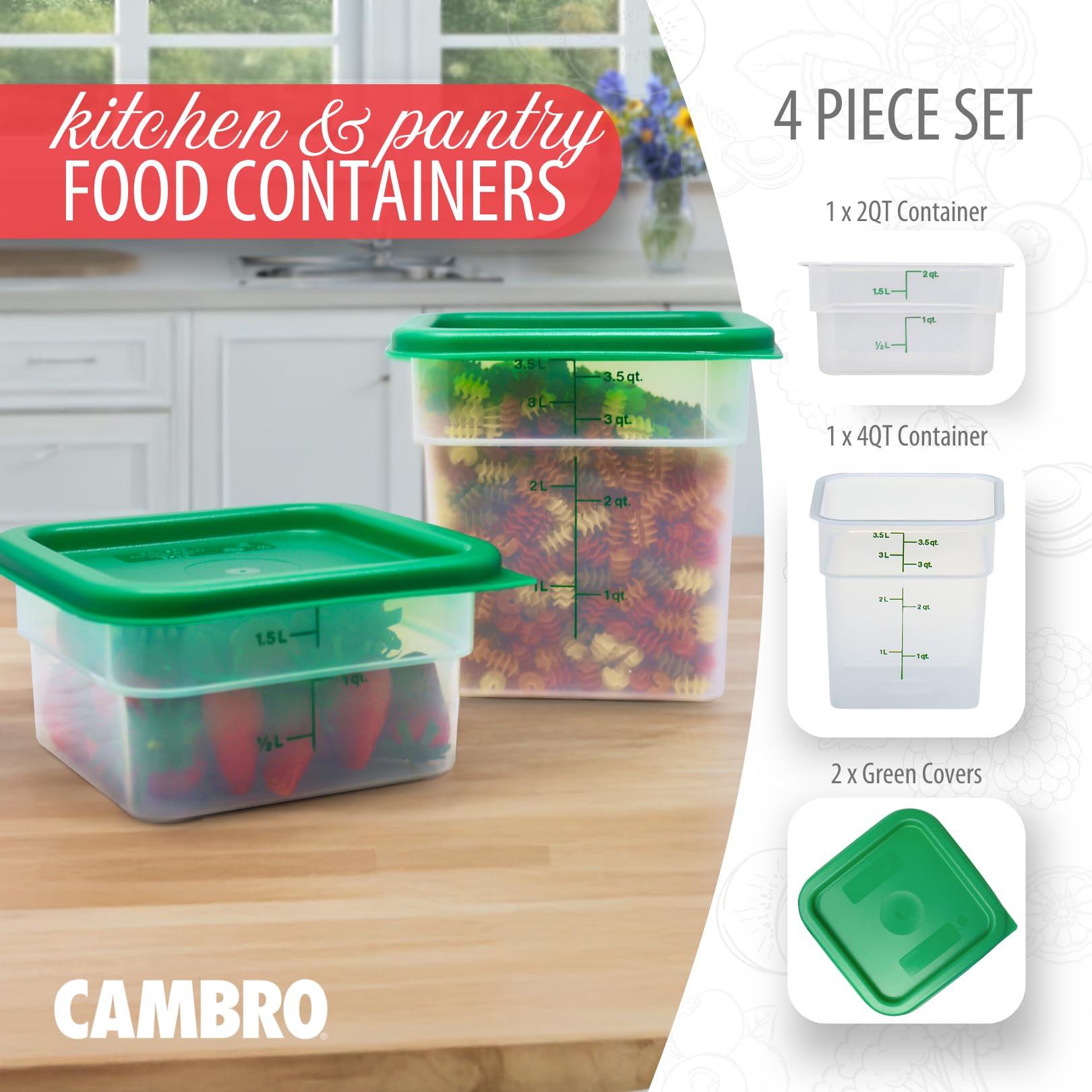 Cambro contenedor 4QT translúcido con tapa verde, perfecto para porciones familiares.