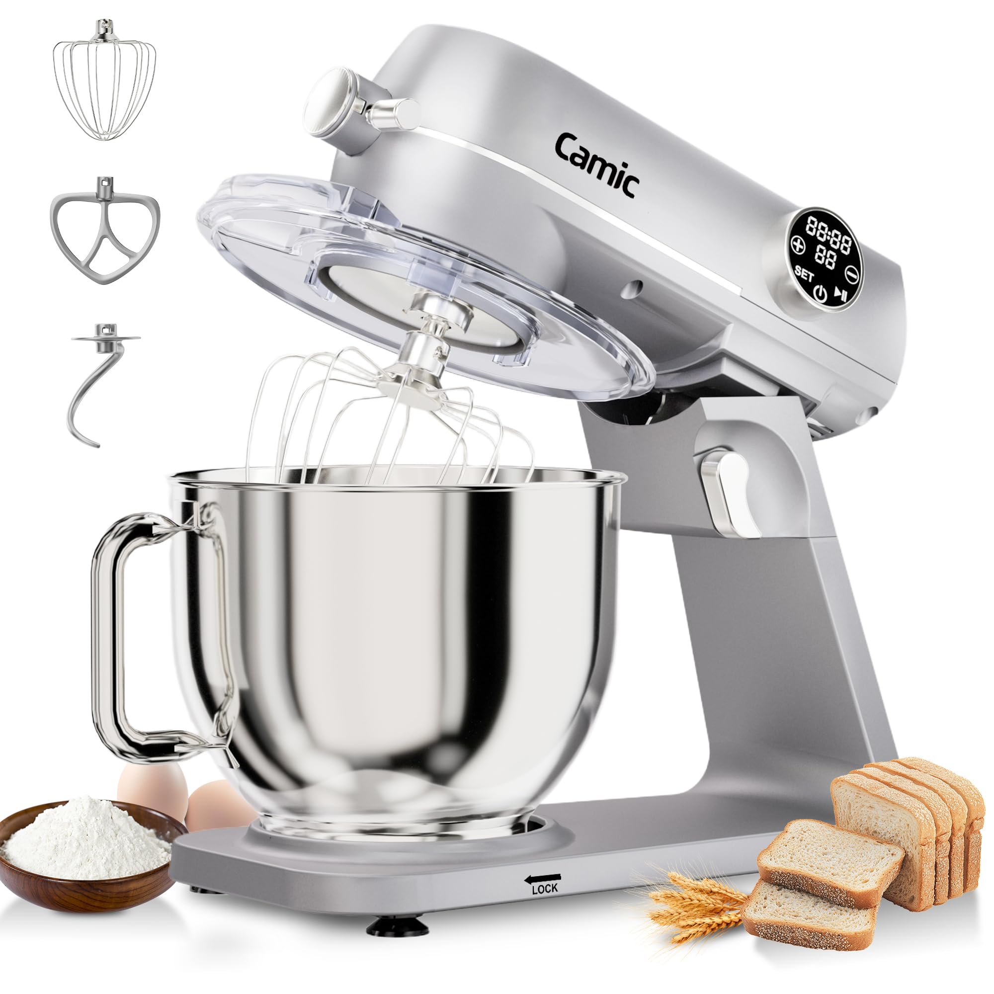 Batidora Camic de pie con cuenco grande de 8.45 qt para masas y mezclas caseras.