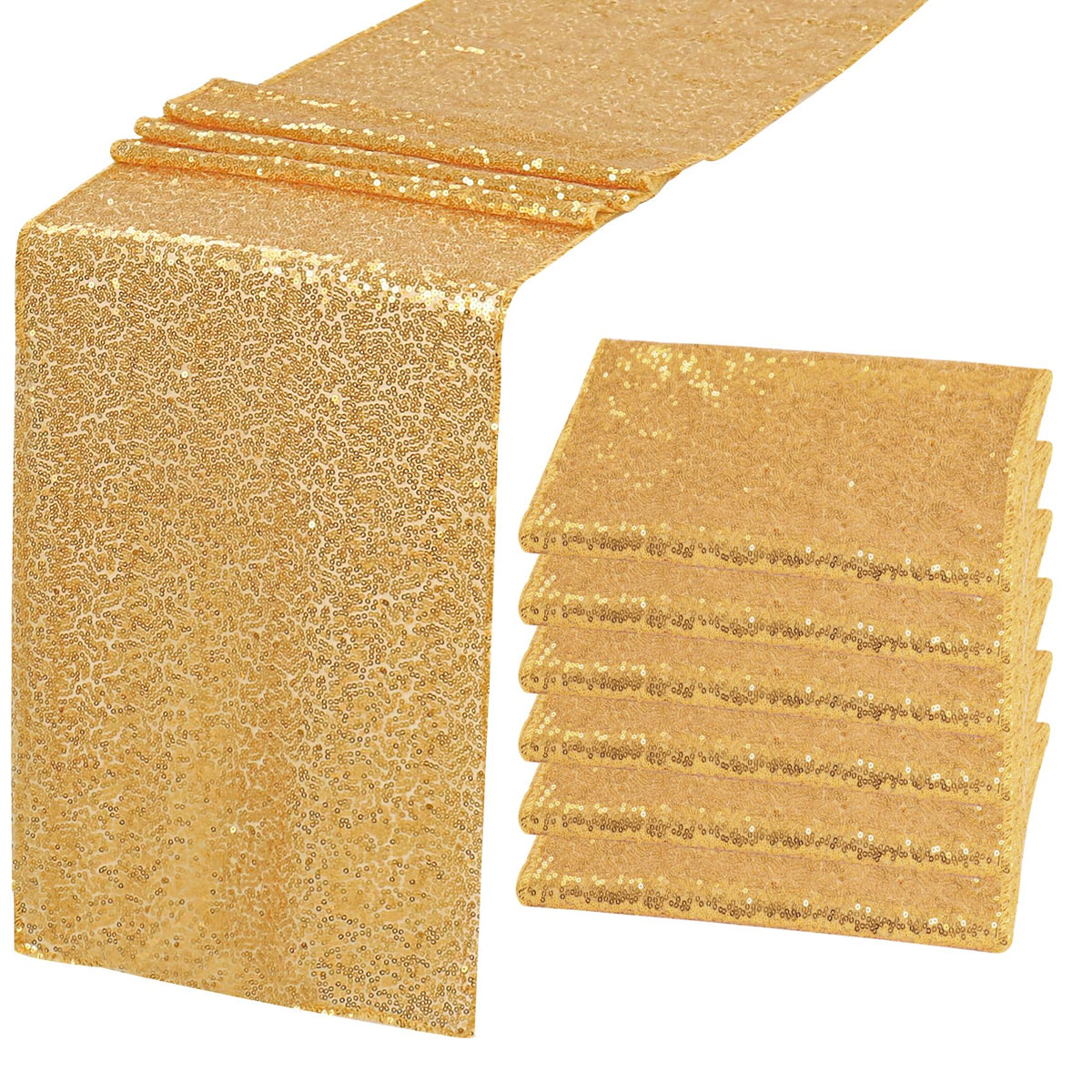 JALANCY camino de mesa con lentejuelas oro champán, vista frontal, ideal para bodas.