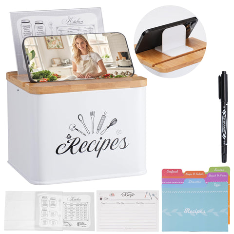 Candco caja de recetas de metal con tapa de madera, estilo moderno para la cocina.