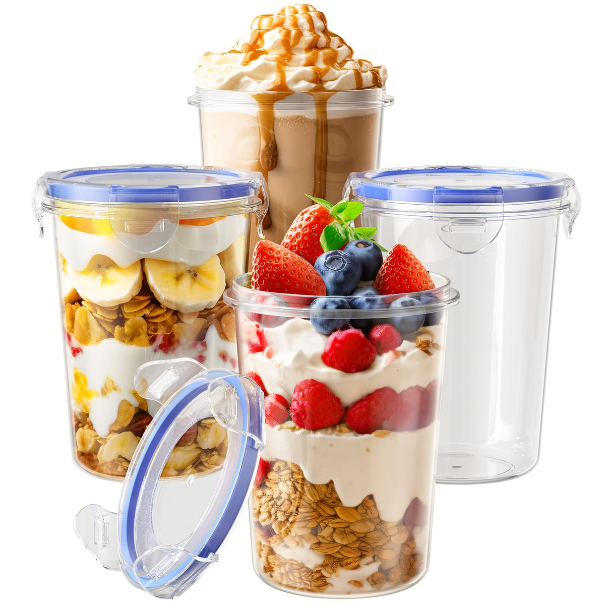 Canfanni contenedores de avena nocturna, 16 onzas, cuatro paquetes con tapas para desayunos organizados.