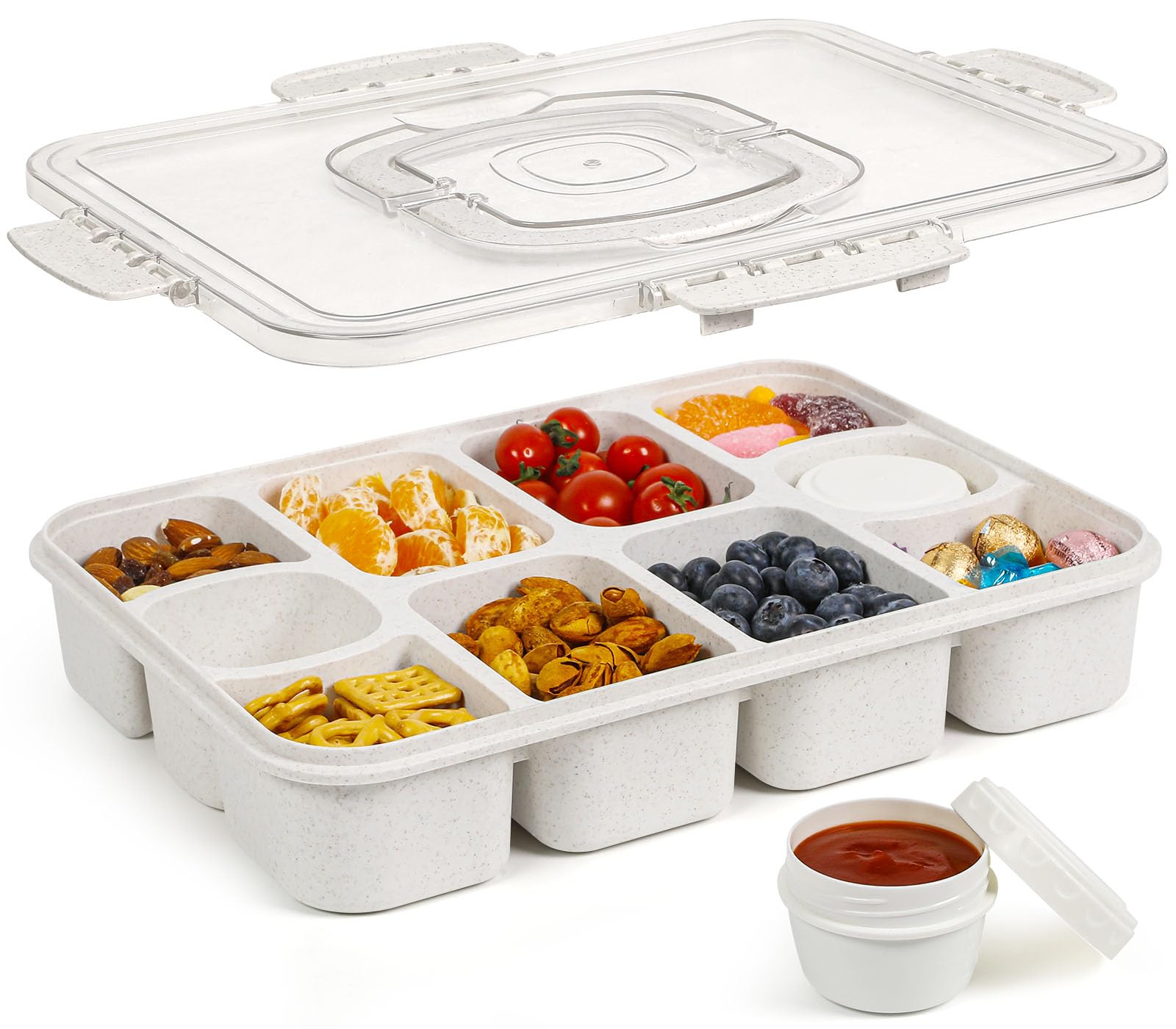 Caperci Bandeja de aperitivos de 10 compartimentos, vista frontal, perfecta para organizar meriendas.