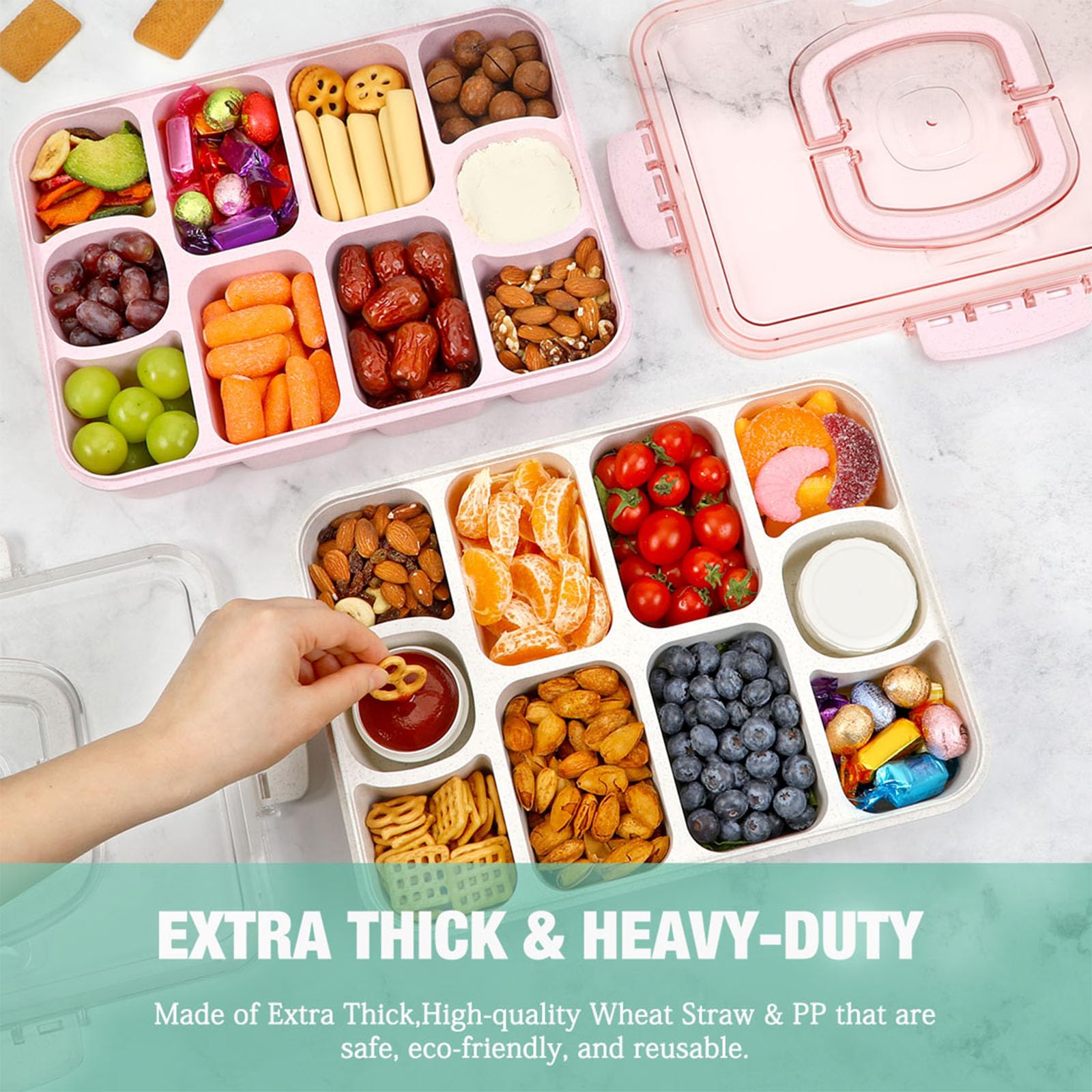 Caperci Bandeja con compartimentos para salsas incorporados, enfoque en los dos recipientes, ideal para salsas.