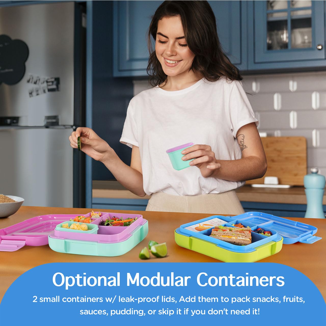 Caperci Bento contenedores modulares incorporados para snacks y salsas sin derrames.