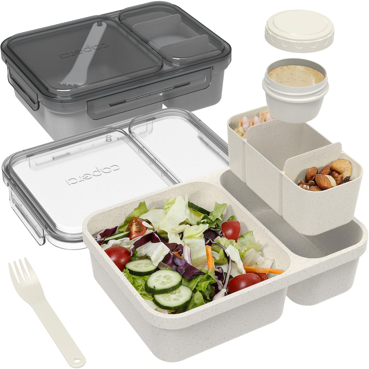 Caperci: contenedor de ensalada de dos secciones en gris para comidas completas sobre la marcha.