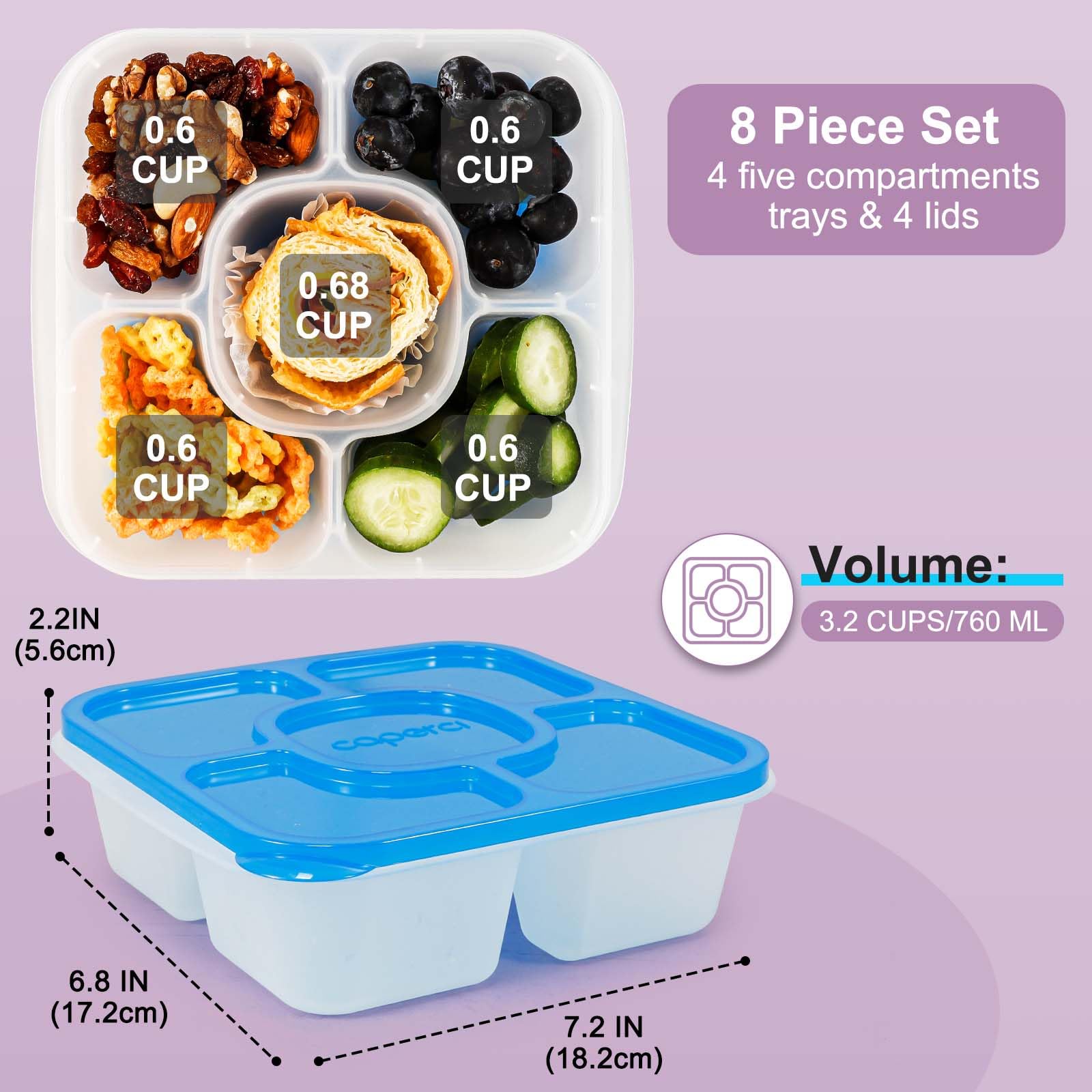 Caperci contenedor snack Bento de 5 compartimentos amarillo para porciones variadas