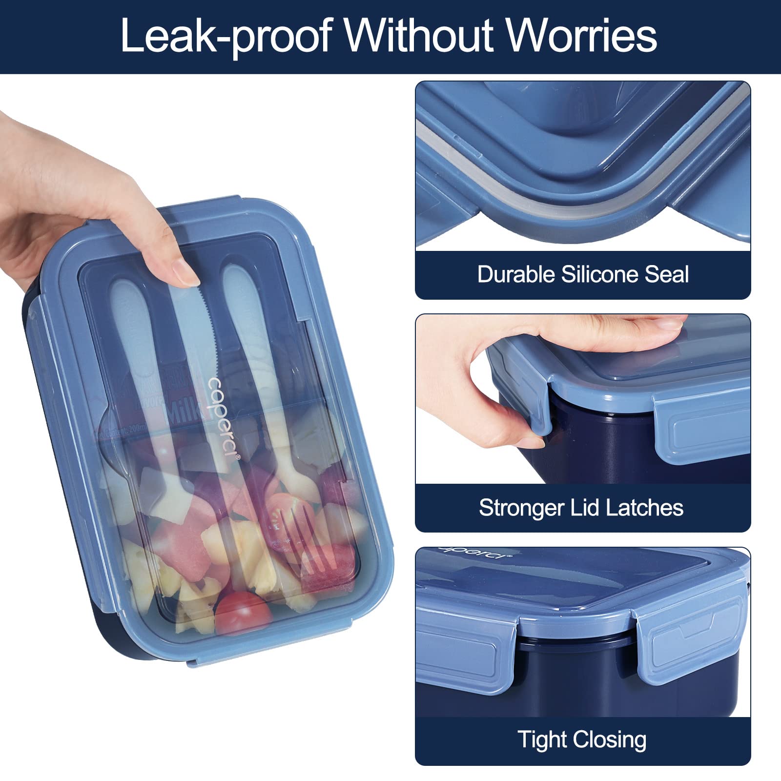 Caperci lonchera con utensilios integrados reutilizables para comer fuera de casa.