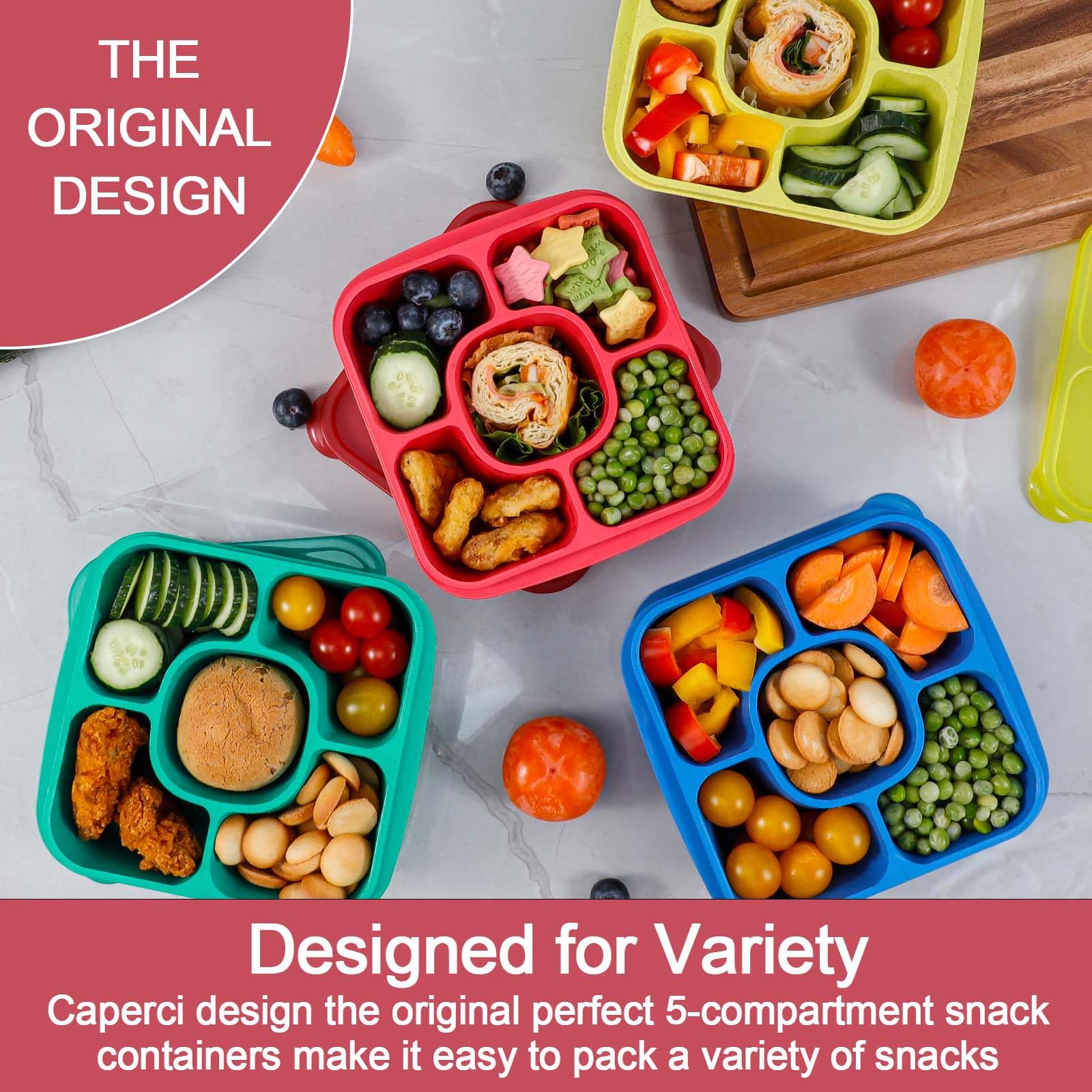 Caperci Original Bento en colores diferentes facilita porciones variadas para meriendas.