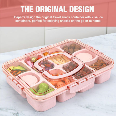 Caperci Snackle Box con dos recipientes para salsas integrados.