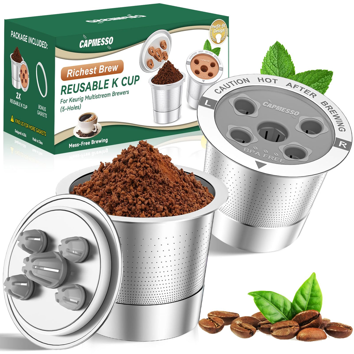 CAPMESSO cápsula K con 5 agujeros y tapa para flujo uniforme.