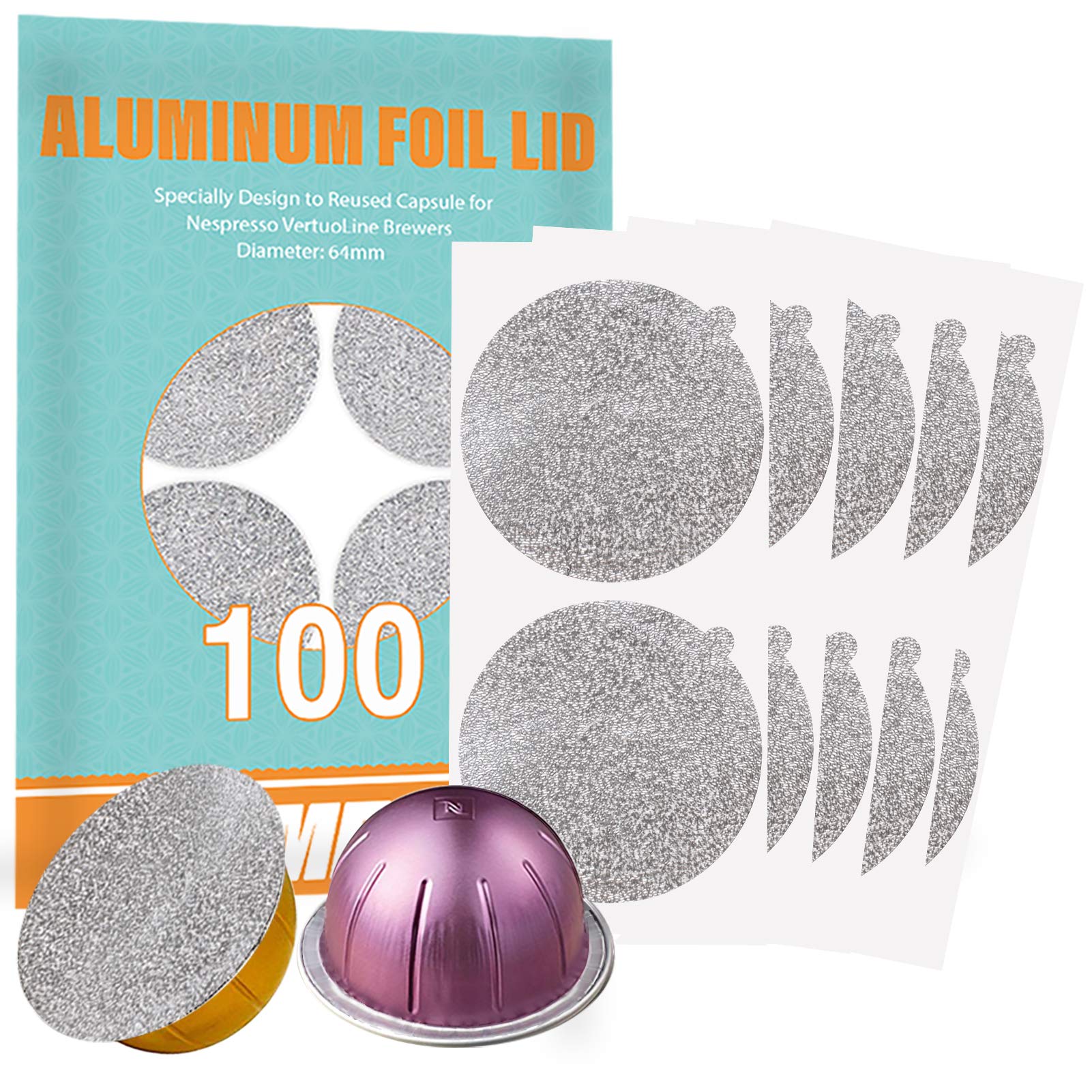 CAPMESSO tapas de aluminio para Vertuo64mm, sello firme para cápsulas reutilizables y sostenibles.