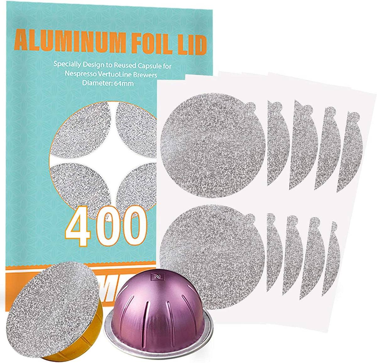 CAPMESSO tapa de aluminio para VertuoLine 63 mm, 400 unidades, reutilizable y reciclable.