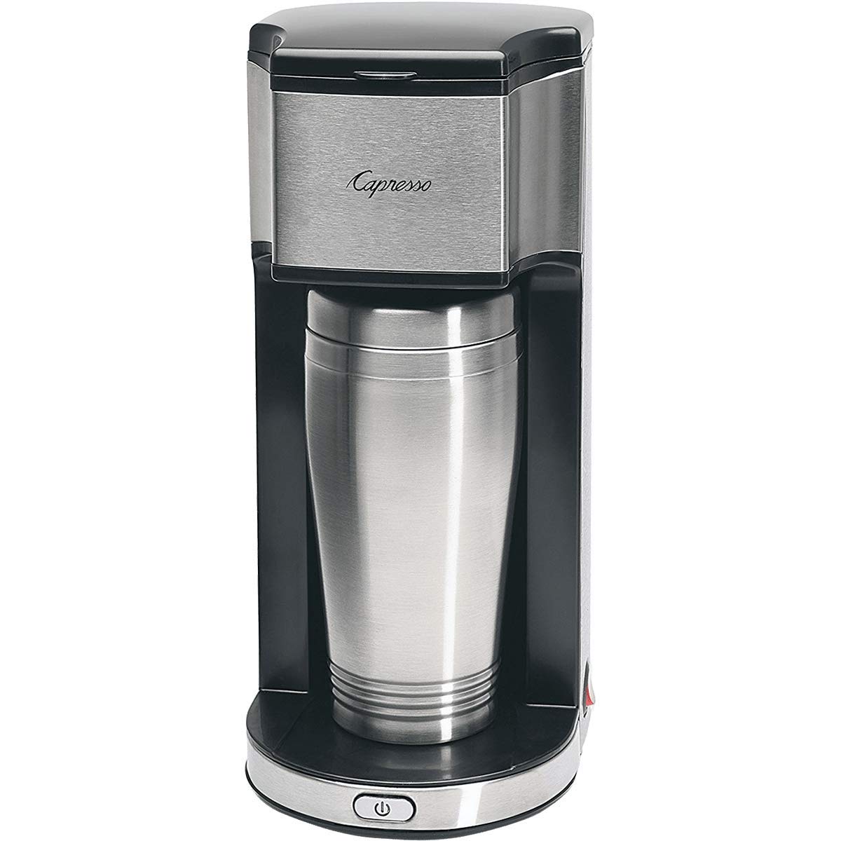 Capresso 425 On-the-Go cafetera portátil en plata y negro, ideal para café rápido en viajes.